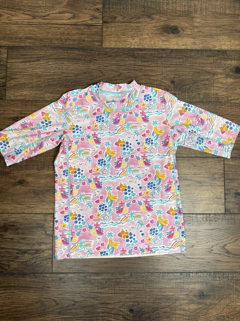 Coolibar Youth XL Sea Island Rash Guard Short Sleeve Pink Beach UPF 50+